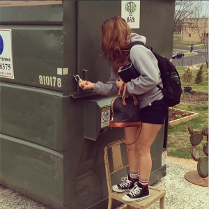 GITNB student, Sarah Lindell, locks up after a sweet night’s sleep in the dumpster.